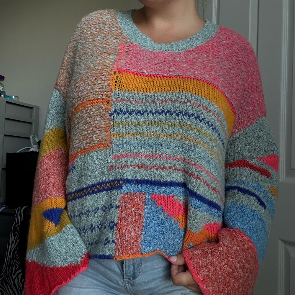 Miami Pink and Blue Crew Neck Sweater Vibrant Knit Design
